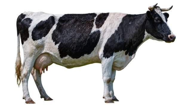 Black and white Holstein cow with udder, isolated on transparent background