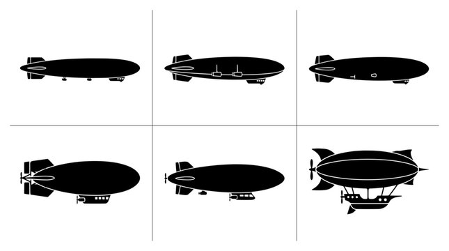 Zeppelin silhouettes set with dirigibles and airships for travel and transportation