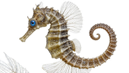 Detailed seahorse with blue eyes and curled tail, isolated on transparent background © Iura
