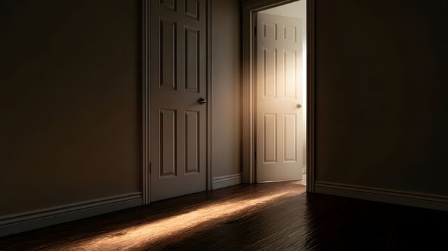 A warmly lit doorway invites entry into a softly illuminated room  casting a golden beam across dark wooden floors