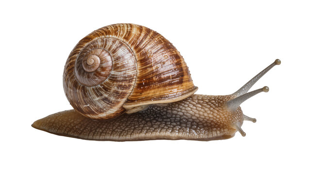 Brown spiral shell snail with textured body, isolated on transparent background