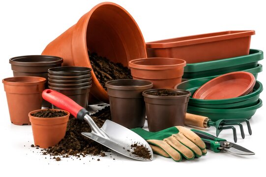 Gardening pots, soil and hand tools for planting and plant care