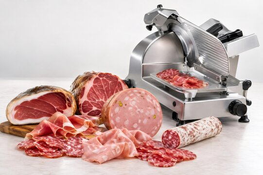 Commercial meat slicer with an assortment of cured meats