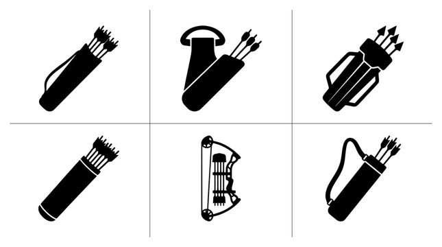 Archery quivers and bow set with arrows, sport equipment silhouettes for logo and print