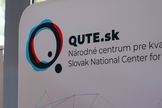 Bratislava, Slovakia - October 15, 2026: QUTE sk Slovak National Center for Quantum Technologies sign at OpenSlava 2026