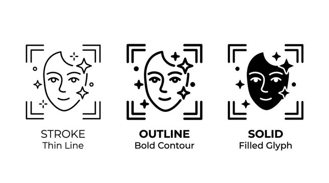 Human face identification icons with different line weights and fill styles in a digital scan grid