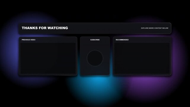 Ultra precise modern bento box grid end screen overlay with Apple style modular glass UI, clear video frames, and subscribe slot.