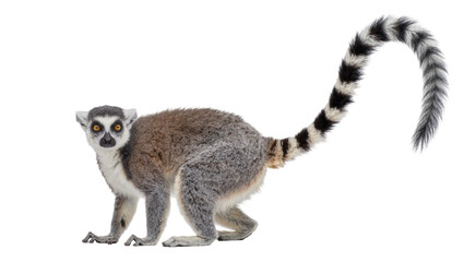 Ring-tailed lemur with distinctive black and white striped tail, isolated on transparent background © Iura