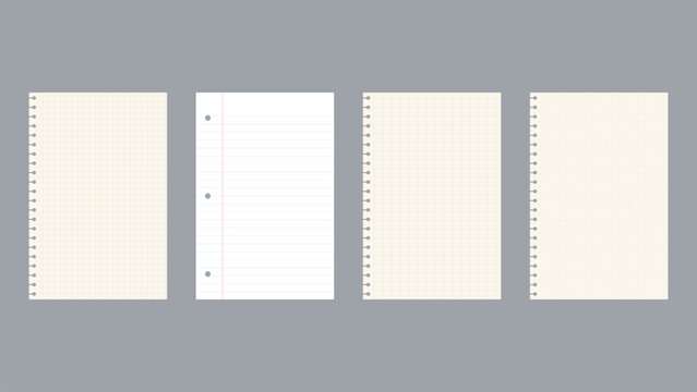 Blank notepad paper page template set with grid lines dots and ring binder holes for scrapbooking memo note design