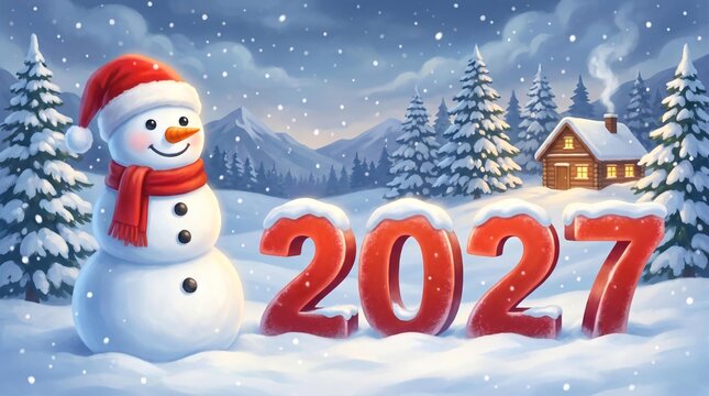 Snowman in Snow with Christmas Tree, Winter Holiday Celebration, Festive Cartoon Vector Illustration with Hat, Scarf, Snowflakes and Seasonal Decorations 