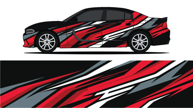Car Wrap Design with Aggressive Racing Livery in Red Black and Gray