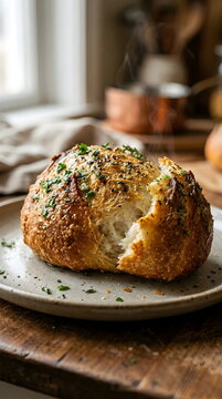 Steaming fresh artisan bread roll pulled open with herbs on a plate