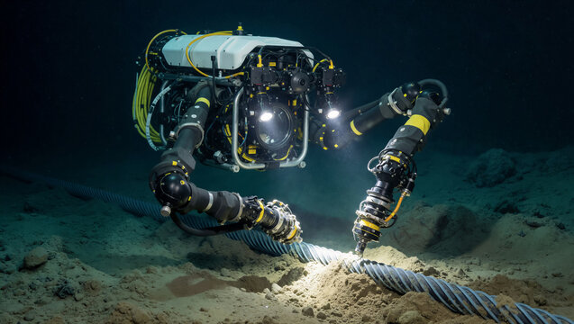 Remotely operated vehicle performing deep sea repair on an undersea cable. Industrial underwater robot illuminating the ocean floor with bright spotlights