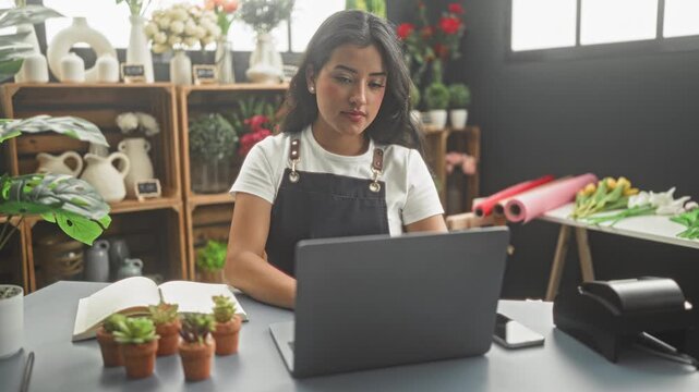 Woman florist in apron touches chin and closes laptop with right hand beside succulents and rolls of wrapping paper in studio; business planning calm.