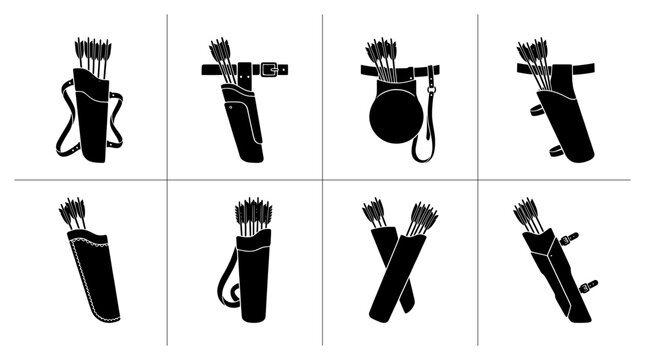 Quiver silhouettes set with arrows for archery and hunting, sport and recreation