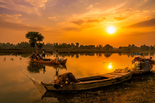Taunsa, Punjab, Pakistan - 30 September 2015: View of Mohana fishermen casting nets from wooden boats on the Indus River during a golden sunset.