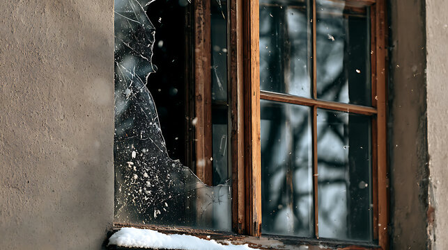 Close-up of an old wooden window with shattered glass and snow-covered sill during winter snowfall. Weathered plaster walls and damaged windowpane create a melancholic atmosphere of abandonment and de