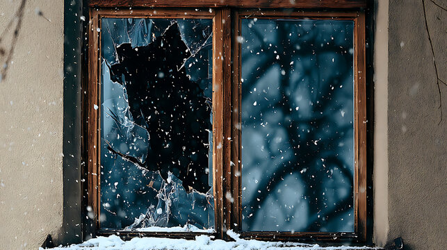 A close-up of an old wooden window with broken glass during a snowfall. The weathered wooden frames, broken glass, and beige plaster wall create a melancholy winter scene of abandonment and decay.