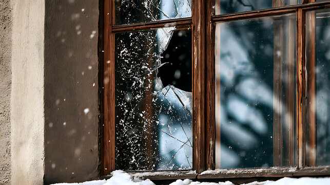 An old wooden window with a broken pane and a snow-covered sill during a winter snowfall. The cracked plaster walls and damaged window frame create a melancholy atmosphere of abandonment and devastati