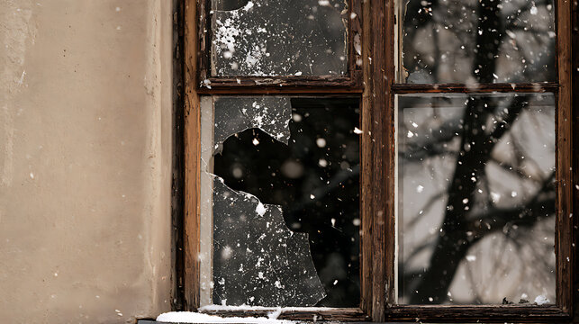Close-up of an old wooden window with shattered glass during snowfall. Weathered timber frames, broken windowpane and beige plaster wall create a melancholic winter scene of abandonment and decay.