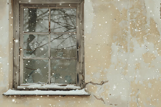 Old wooden window with broken glass and snow-covered sill on a weathered beige plaster wall. Gentle snowfall creates a melancholic winter atmosphere with rustic textures and copy space.