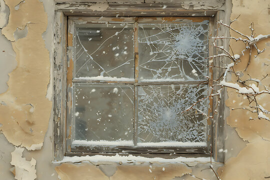 An old wooden window with broken glass and a snow-covered sill sits on a weathered beige plaster wall. A light snowfall creates a melancholy winter atmosphere with rustic textures and space for text.

