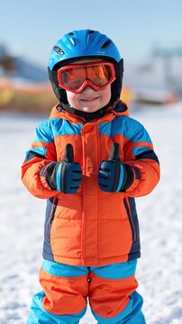 Small child wearing ski gear gives a happy thumbsup gesture.