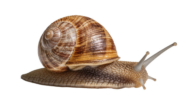 Brown spiral shell snail with textured body, isolated on transparent background