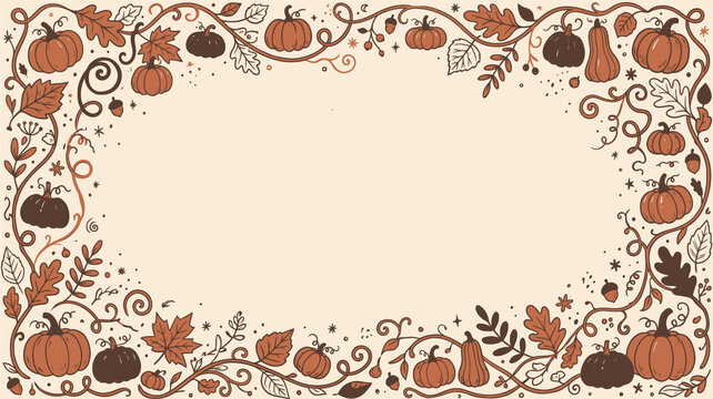 Autumn harvest pumpkin vine frame with seasonal leaves fall border rural theme farm produce nature background vegetable patch orange brown vintage illustration retro design