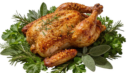 Golden roasted chicken with mustard seeds and fresh herbs, isolated on transparent background © Iura