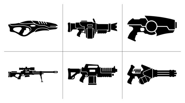 Futuristic weapon silhouettes set with sci-fi guns and rifle for gaming or technology logos