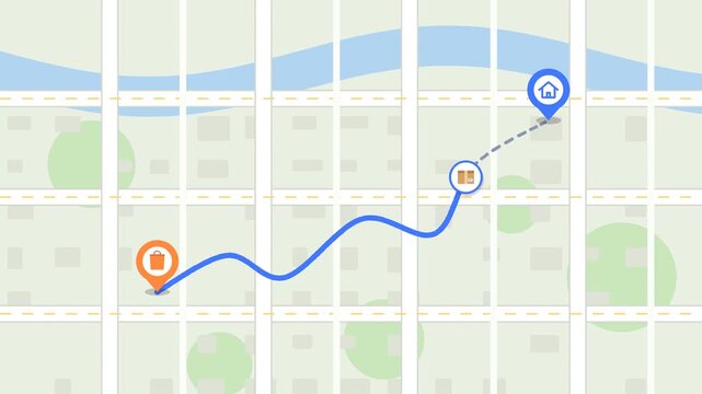 Parcel delivery tracking map animation, package moving along route from store pin to home location, order tracking, GPS navigation, courier shipping and delivered flat motion graphic
