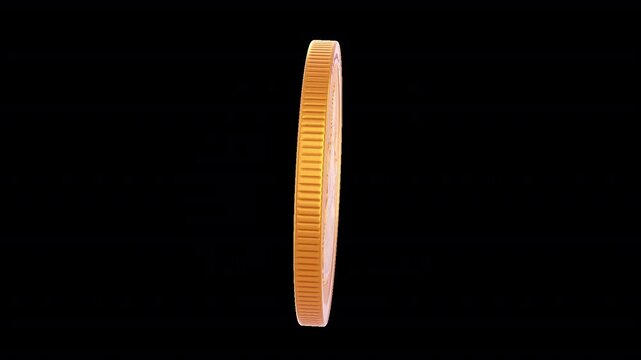 3D Saraswati gold coin animation featuring a detailed Hindu devotional design in an 8-second loop. Transparent background with alpha channel for festive, spiritual, and promo videos.
