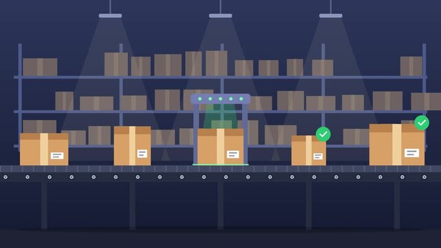 Warehouse conveyor belt with cardboard parcel boxes passing through barcode scanner, package sorting, order fulfillment center, logistics and shipping 2D flat motion graphic seamless loop