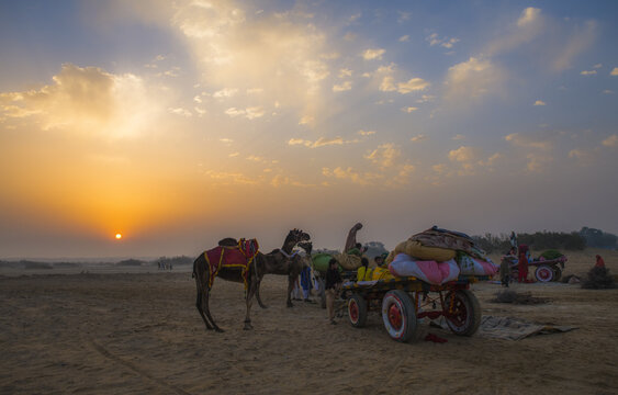 Yazman, Punjab, Pakistan - 14 March 2018: View of the Chanan Pir festival at sunset with camels and a loaded cart in the desert landscape.