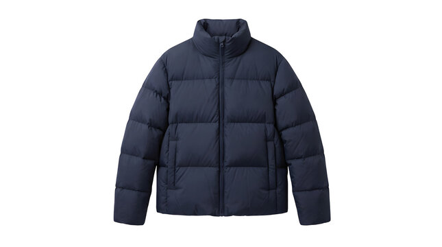 Navy blue puffer winter down jacket isolated on transparent background