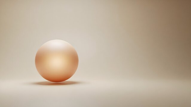 Composici&oacute;n abstracta y minimalista con esfera 3D suave flotando sobre fondo beige neutro con amplio espacio para texto