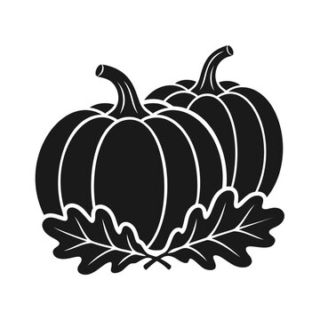 Black and white silhouette vector illustration of two pumpkins with oak leaves