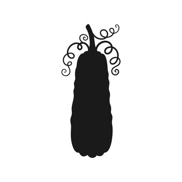 Black silhouette of a tall gooseneck gourd vegetable with decorative curly vines and stem