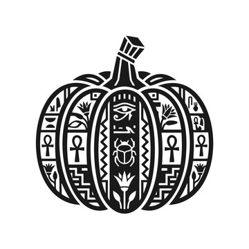 Black and white carved pumpkin decorated with ancient Egyptian hieroglyphs and symbols