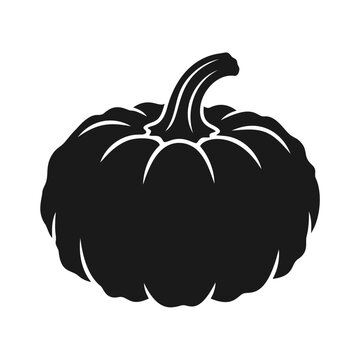 Black and white stylized vector illustration of an autumn pumpkin silhouette with stem
