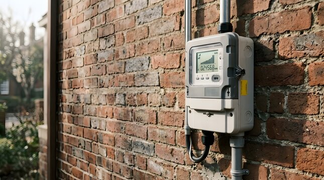 Modern digital electricity meter mounted on red brick exterior wall