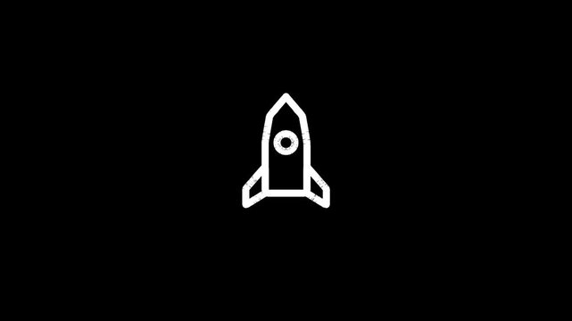 Rocket icon animation morphing into rocket launch with fire flame, startup launch, business growth, boost, product launch, success, speed and take off concept motion graphic, black background