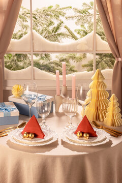 Symmetrical Horizontal Christmas Dining Table Setup for Two