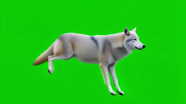 A stunning 3D animation of a white wolf running and jumping with elegance on a green screen background.