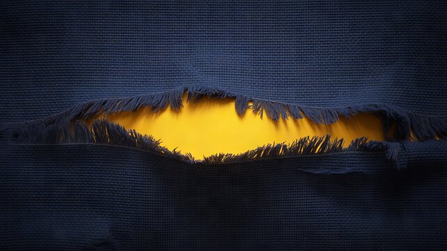 Frayed blue fabric tear exposing bright yellow background for layout.