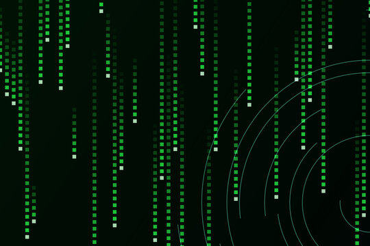 Abstract digital background, with vertical green, data streams and, concentric circular lines, on... des