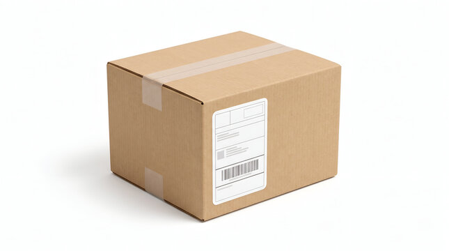 Closed cardboard box with delivery shipping label and barcode isolate on white background, postal parcel and logistics concept