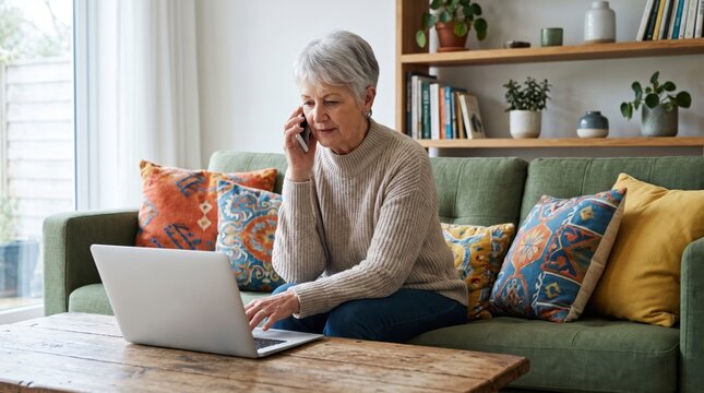 Woman using laptop and phone, senior adult working from home on green sofa with colorful cushion in cozy living room