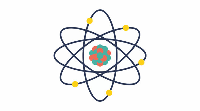 An atom symbol illustration featuring a colorful nucleus and orbital rings with electrons on a clean white background